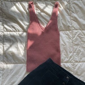 Red Ribbed V Neck Tank Top